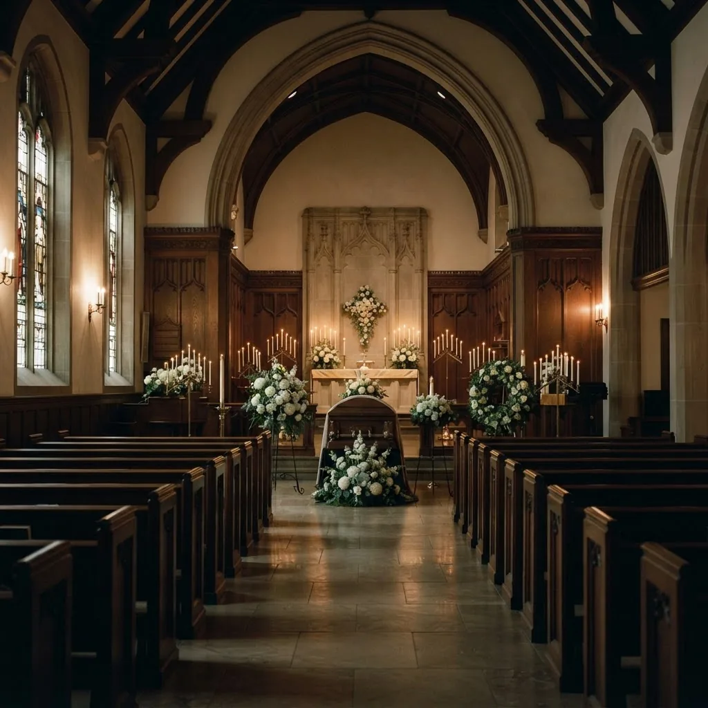 Interior de biserică pregătit pentru ceremonie, cu flori albe lângă altar